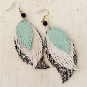 Elegant Leaf Design Earrings in Mint and Silver